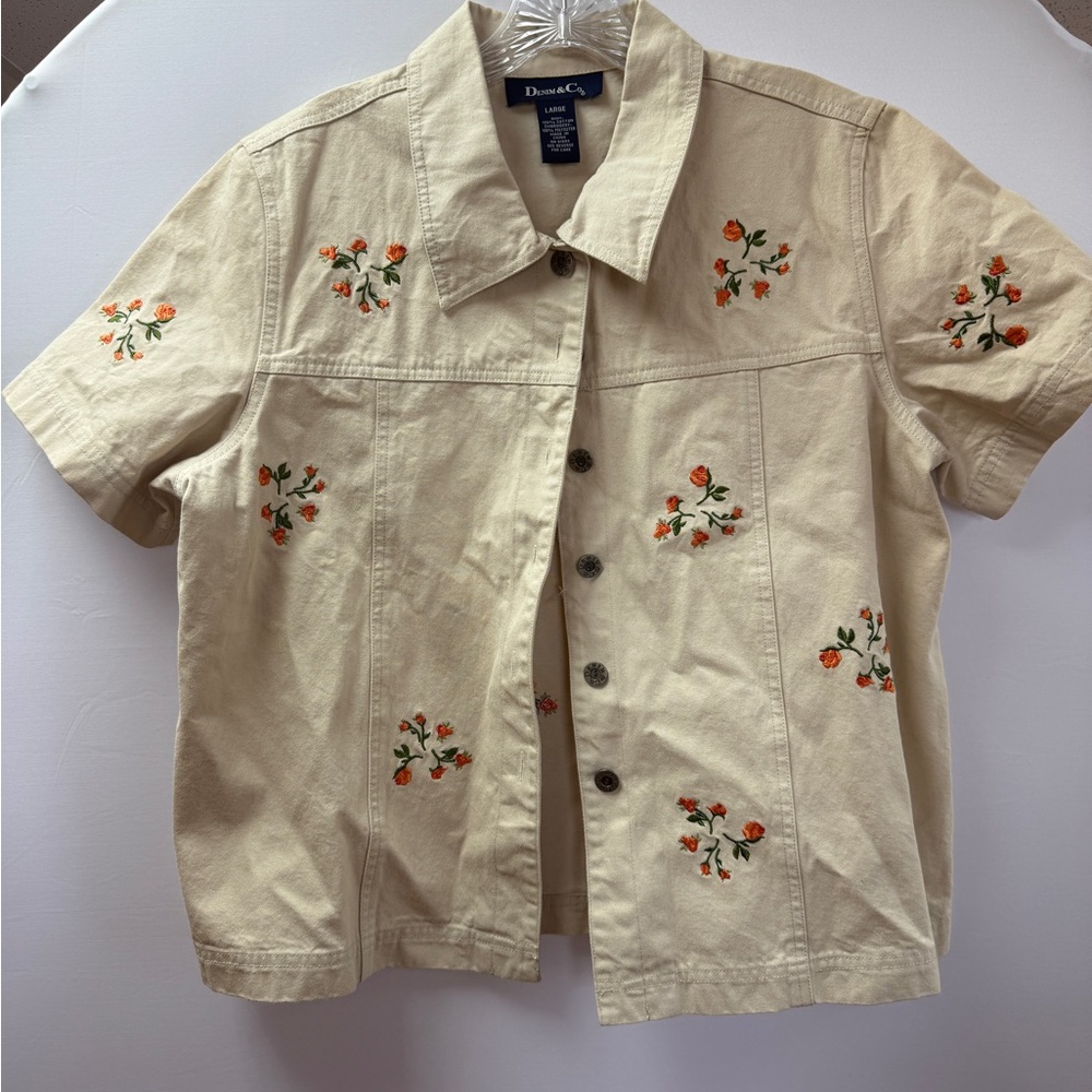 Denim & Co Cream Button-Down Shirt with Orange Floral Embroidery